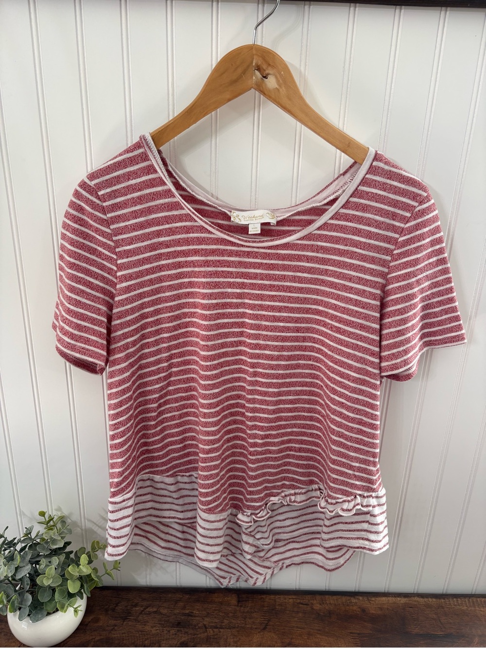 Suzanne Betro Pink and White Striped Short-Sleeve Peplum Top